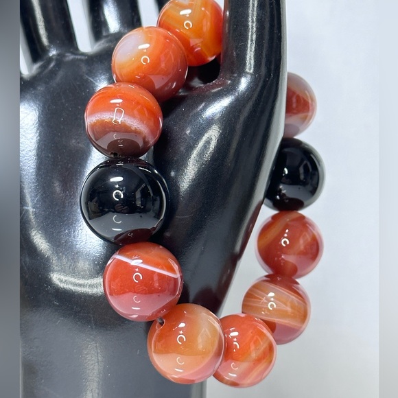 ORANGE SARDONYX + BLACK ONYX NATURAL STONES BRACELET size 7” - Picture 8 of 15